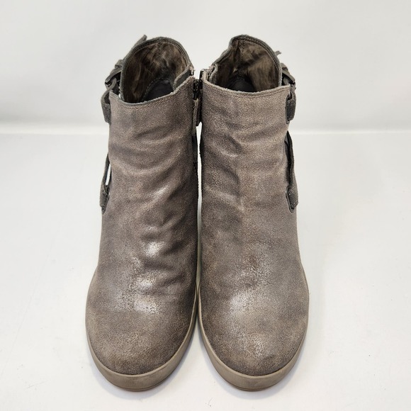 Eileen Fisher Zest Metallic Gray Beige Leather Wedge Ankle Booties Size 6 Zipper - Picture 2 of 9